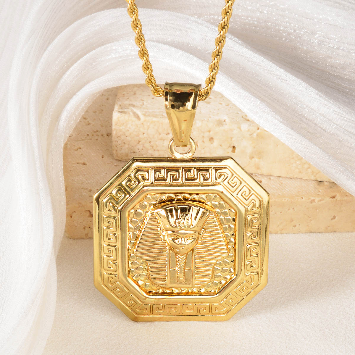 Retro Octagonal Greek Key Golden Pendant Necklace